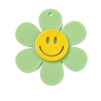 Opaque Acrylic Big Pendants, Sunflower with Smiling Face Charm, Pale Green, 55x50.5x5mm, Hole: 2.5mm