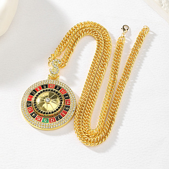 Hip-Hop Alloy Crystal and Jet Rhinestone Roulette Pendant Necklaces with Enamel, Red, Green and Black, Golden, 30.71 inch(78cm)