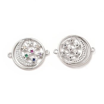 Brass Micro Pave Colorful Cubic Zirconia Connector Charms, Moon with Star Links, Platinum, 18x23x3mm, Hole: 1.5mm
