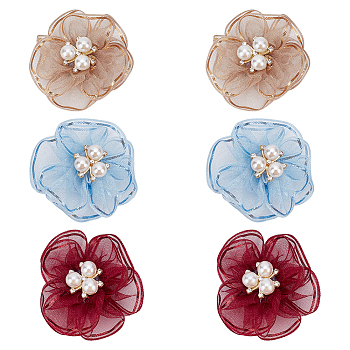 6Pcs 3 Colors Flower Alloy & Rhinestones & Gauze Shoe Buckle Clips, Shoe Decoration, Mixed Color, 50x55mm, 2pcs/color