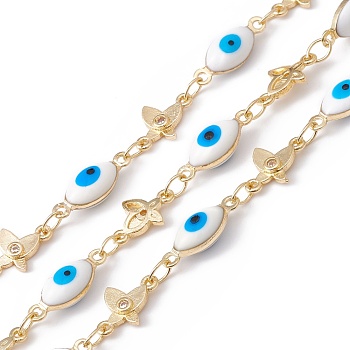 Handmade Eco-friendly Brass Enamel Horse Eye & Butterfly Link Chain, with Cubic Zirconia, Real 18K Gold Plated, Lead Free & Cadmium Free, Soldered, with Spool, Deep Sky Blue, 13x5x4mm, 10.5x6.5x1mm
