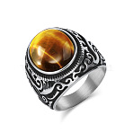 304 Stainless Steel with Natural Tiger Eye Finger Rings for Men, Oval, Antique Silver, US Size 9(18.9mm)(FS-WG44E14-12)
