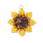 Round Natural Tiger Eye and Glass Seed Beaded Pendants, Sunflower Charms, with 304 Stainless Steel Jump Rings, Golden, Yellow, 29.5x8.5mm, Hole: 3mm(PALLOY-MZ01135)