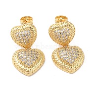 Rack Plating Brass Micro Pave Clear Cubic Zirconia Stud Dangle Earrings for Women, Cadmium Free & Lead Free, Long-Lasting Plated, Real 18K Gold Plated, Heart, 28x16mm(EJEW-G394-01B-G)