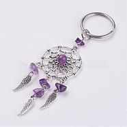Natural Chip Amethyst Keychain, with Tibetan Style Pendants and 316 Surgical Stainless Steel Key Ring, Woven Net/Web with Feather, 107mm, Pendant: 82x28x7mm(KEYC-JKC00119-03)