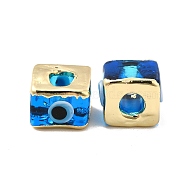 Brass Enamel Beads, Long-Lasting Plated, Real 18K Gold Plated, Square with Evil Eye Pattern, Dodger Blue, 10~12x10~12x8~9mm, Hole: 4~4.5mm(KK-F842-01E)