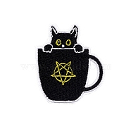 Cat & Cup Cartoon Appliques, Embroidery Iron on Cloth Patches, Sewing Craft Decoration, Black, 48x59mm(PW-WG86841-07)