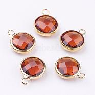 Golden Tone Brass Glass Flat Round Charms, Faceted, Orange Red, 14x10.5x5mm, Hole: 1.5mm(GLAA-M003-B-11G)