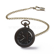 Ebony Wood Pocket Watch with Brass Curb Chain and Clips, Flat Round with Tartan Pattern Electronic Watch for Men, Black, 16-3/8~17-1/8 inch(41.7~43.5cm)(WACH-D017-C02-AB)