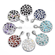 Polymer Clay Rhinestone Pendants, with Gemstone Chip/Natural Shell Chip and PU Leather, Flat Round, Platinum, PP12(1.8~1.9mm), 39~41x37x7~8mm,  Hole: 9x5mm(RB-S056-14A-P)