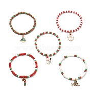 5Pcs 5 Style Glass Seed Stretch Bracelets Set, Christmas Tree & Santa Claus & Word Noel Alloy Enamel Charms Stackable Bracelets, Mixed Color, Inner Diameter: 2-1/4 inch(5.7cm), 1Pc/style(BJEW-TA00274)