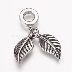 304 Stainless Steel European Dangle Charms, Large Hole Pendants, Leaf, Antique Silver, 31mm, Hole: 5mm, Pendant: 18x10x3.5mm(OPDL-K001-01AS)