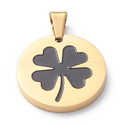 Ion Plating(IP) 304 Stainless Steel Pendants, with Enamel, Polishing, Flat Round with Clover, Golden, 25x3mm, Hole: 7.5x5mm(STAS-Z027-04A-G)