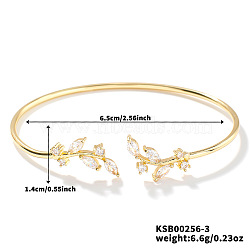 Elegant Brass Cubic Zirconia Leaf Cuff Bangles for Women, Golden, Clear, Inner Diameter: 2-1/2 inch(6.5cm)(VL7639-3)