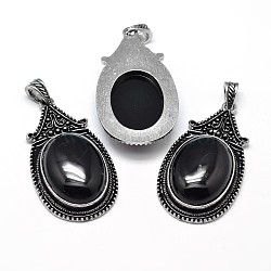 Oval Antique Silver Zinc Alloy Natural Black Agate Big Pendants, Nickel Free & Lead Free, 53.5x30x10mm, Hole: 4.5x8.5mm(X-G-F228-27J-FF)