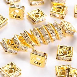Brass Rhinestone Spacer Beads, Grade A, Square, Nickel Free, White, Golden Metal Color, Size: about 6mmx6mmx3mm, hole: 1mm(RSB072-01G)