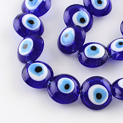 Flat Round Evil Eye Lampwork Bead Strands, Blue, 15~16x8~9mm, Hole: 2mm, about 24pcs/strand, 13.7 inch(LAMP-R118-01)