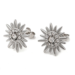 304 Stainless Steel Sun Stud Earings with Rhinestone, Stainless Steel Color, 14.5mm(EJEW-M224-03P)