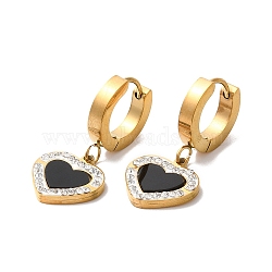 Black Acrylic Heart Dangle Earrings with Rhinestone, Ion Plating(IP) 304 Stainless Steel Jewelry, Golden, 28mm, Pin: 1mm(EJEW-E286-07G)