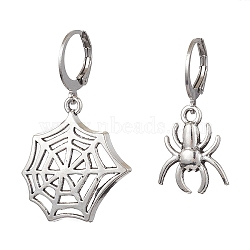 Halloween Spider Web & Spider Tibetan Style Alloy Dangle Earrings, 304 Stainless Steel Leverback Earrings for Women, Antique Silver, 30~38x14.5~21mm(EJEW-JE05852-1)