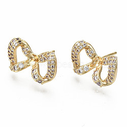 Brass Micro Pave Clear Cubic Zirconia Stud Earring Findings, for Half Drilled Beads, Nickel Free, Twist Bowknot, Real 18K Gold Plated, 11x18mm, Pin: 0.7mm, pin: 0.8mm(for half drilled beads)(KK-S360-008-NF)