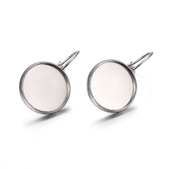 304 Stainless Steel Leverback Earring Settings, Flat Round, Stainless Steel Color, Tray: 14mm, 27x16x13.5mm, Pin: 0.7mm