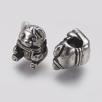 Ion Plating(IP) 304 Stainless Steel European Beads, Bear, Large Hole Beads, Antique Silver, 14x10.5x10mm, Hole: 5mm