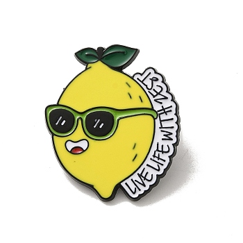 Funny Lemon LIVE LIFE WITH ZEST Zinc Alloy Brooches, Lemon with Glasses Enamel Pins, for Backpack Clothes, Dark Green, 29x25x1.5mm