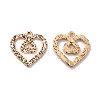 Alloy Rhinestone Pendants, Double Heart Charms, Golden, 19.5x19x1.8mm, Hole: 1.6mm