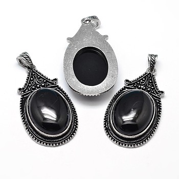 Oval Antique Silver Zinc Alloy Natural Black Agate Big Pendants, Nickel Free & Lead Free, 53.5x30x10mm, Hole: 4.5x8.5mm
