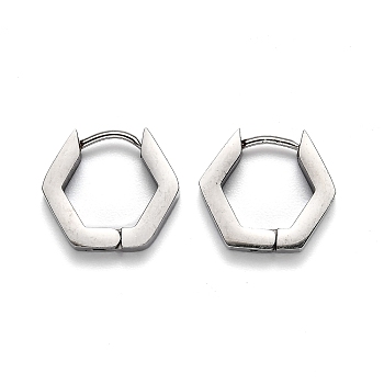 304 Stainless Steel Hexagon Huggie Hoop Earrings, Stainless Steel Color, 14x15.5x3mm, Pin: 1mm