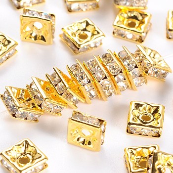 Brass Rhinestone Spacer Beads, Grade A, Square, Nickel Free, White, Golden Metal Color, Size: about 6mmx6mmx3mm, hole: 1mm