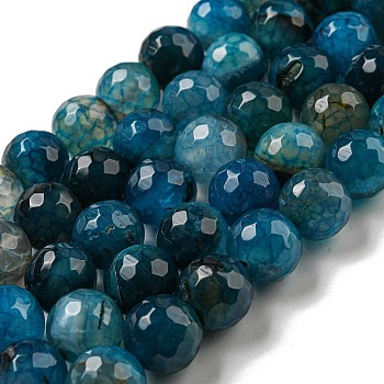 Faceted Natural Dragon Veins Agate Beads Strands, Round, Dyed & Heated, Marine Blue, 12mm, Hole: 1.6mm, about 31pcs/strand, 14.76''(37.5cm)