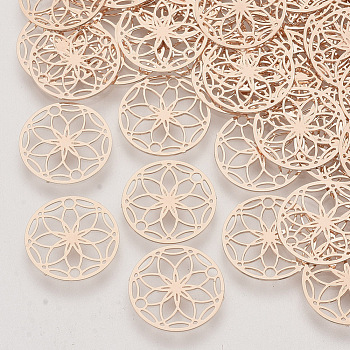 Brass Links connectors, Etched Metal Embellishments, Long-Lasting Plated, Flower of Life, Rose Gold, 13x0.3mm, Hole: 1.2mm