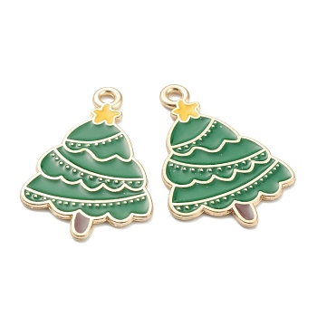 Alloy Enamel Pendants, for Christmas, Light Gold Plated, Christmas Tree, Green, 27x18x1mm, Hole: 1mm