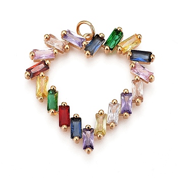 Brass Cubic Zirconia Pendant, Heart, Colorful, Golden, 29.6x30.2x3mm, Hole: 3.5mm