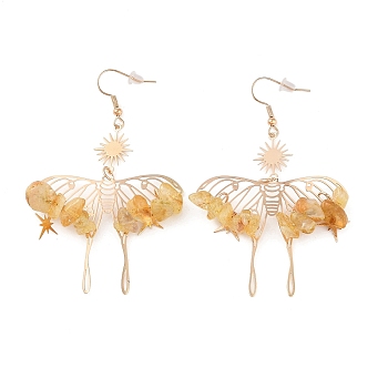 Natural Yellow Quartz Chips Dangle Earrings, Bohemian Hollow Butterfly Brass Jewelry for Women, 75x46mm