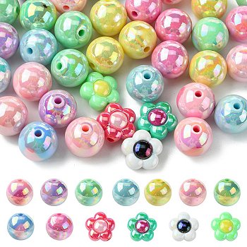 40Pcs 3 Styles Opaque Acrylic Beads, AB Color Plated, Round, Mixed Color, 15.5~16x15~16mm, Hole: 2.8~3mm