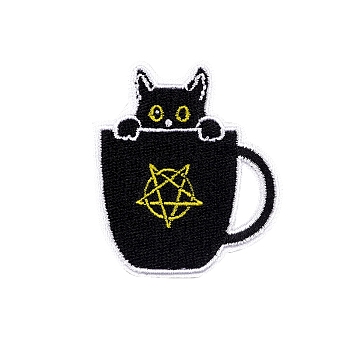 Cat & Cup Cartoon Appliques, Embroidery Iron on Cloth Patches, Sewing Craft Decoration, Black, 48x59mm