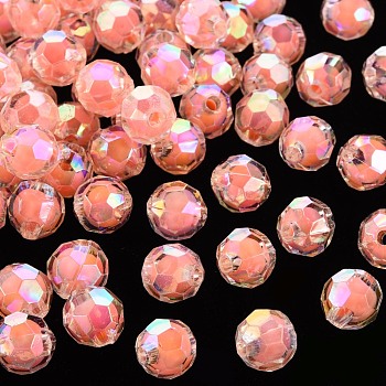 Transparent Acrylic Beads, Bead in Bead, AB Color, Faceted, Round, Salmon, 9.5x9.5mm, Hole: 2mm