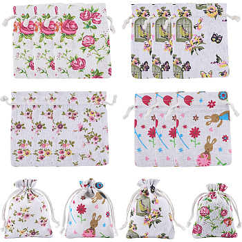 4 Styles Flower Print Burlap Packing Pouches, Drawstring Bags, Rectangle, Mixed Color, 14~14.4x10~10.2x0.5cm, 4Pcs /style, 16pcs/set