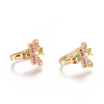 Golden Plated Brass Micro Pave Cubic Zirconia Cuff Earrings, Long-Lasting Plated, Colorful, 14x10.5x2~2.5mm