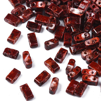 2-Hole Opaque Glass Seed Beads, Antique Style, Rectangle, Dark Red, 4.5~5.5x2~2.5x2mm, Hole: 0.5~0.8mm