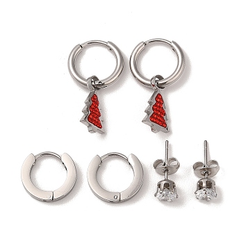 3 Pairs 3 Styles Christmas 304 Stainless Steel Hoop & Studs Earrings Set for Women, with Rhinestone & Cubic Zirconia, Stainless Steel Color, Christmas Tree, 13~26x2~9mm, 1 pair/style