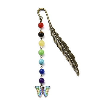 Butterfly Alloy Enamel Pendant Bookmark with Chakra Gemstone Bead, Alloy Feather Bookmarks, Colorful, 140x14.5x3.5mm