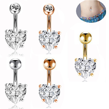 304 Stainless Steel Clear Cubic Zirconia Heart Curved Barbell Belly Rings, Stainless Steel Color, 23x8mm