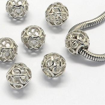 Alloy European Beads, Large Hole Beads, Rondelle, Hollow, Platinum, 11x9.5mm, Hole: 5mm