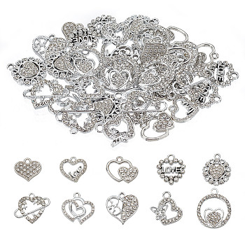 40Pcs 10 Styles Alloy Rhinestone Pendants, Platinum Tone, Hollow Heart Love, Crystal, 13.5~20.5x14.5~23x1.5~4mm, Hole: 1.5~2.7mm, 4pcs/style