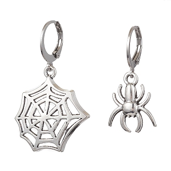 Halloween Spider Web & Spider Tibetan Style Alloy Dangle Earrings, 304 Stainless Steel Leverback Earrings for Women, Antique Silver, 30~38x14.5~21mm