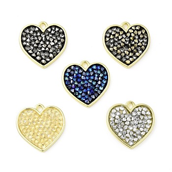 Rhinestone Pendants, with Light Gold Plated Brass Findings, Heart, Cadmium Free & Lead Free, Mixed Color, 19x19x3mm, Hole: 1.8mm
